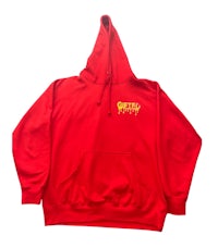a red hoodie with a yellow logo on it