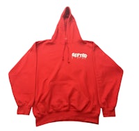 a red hoodie with a white logo on it